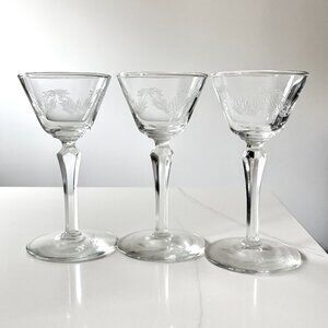 Set of 3 Etched Glass Cordial Glasses Bar Shot Glasses Elegant Vintage Drinkware
